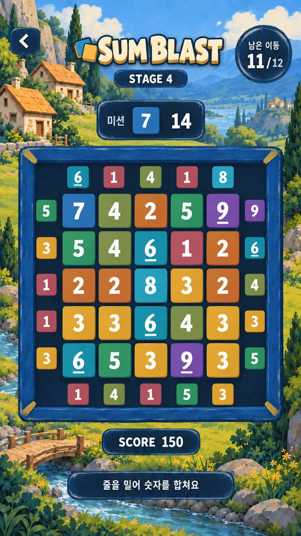 The approved art concept — a painted village backdrop, a navy board frame and number-colored tiles
