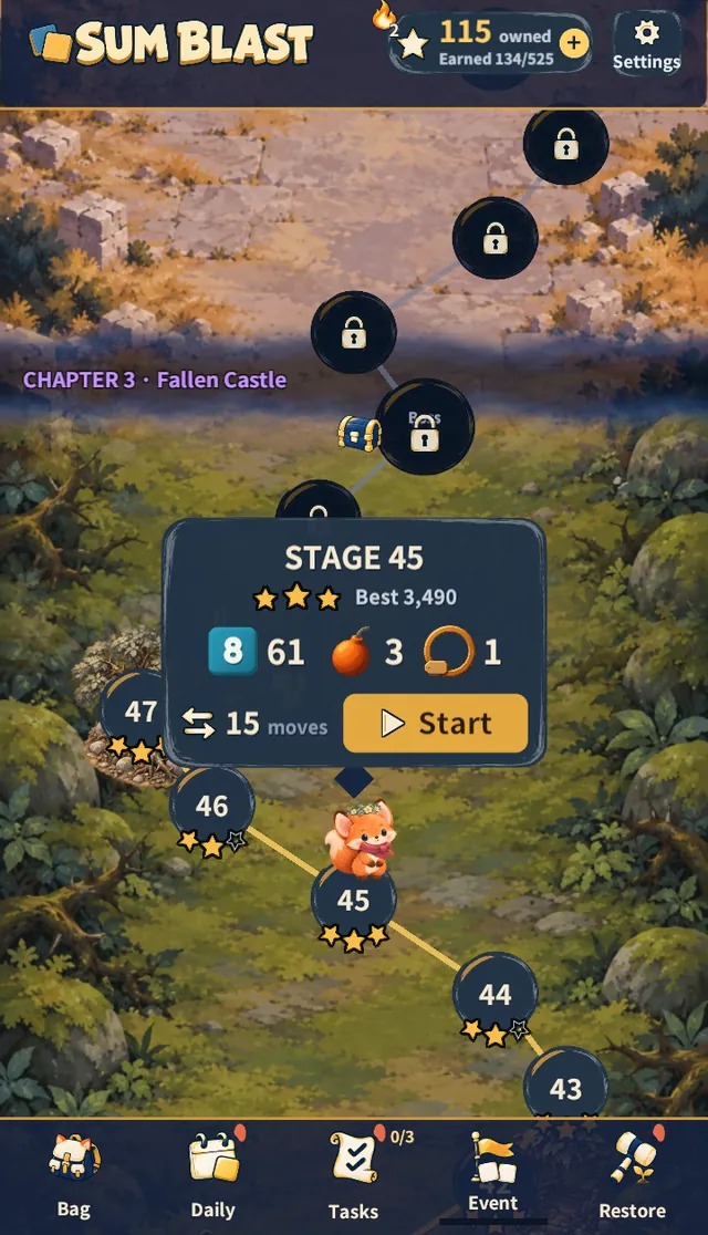 Start bubble over stage 45 — three stars, best score 3,490, the missions and 15 moves, with a Start button