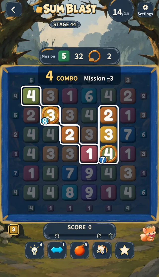 Stage 44 — a Mirror flips its lines and sets off 4 COMBO: two runs light up inside a gold frame, Mission −3