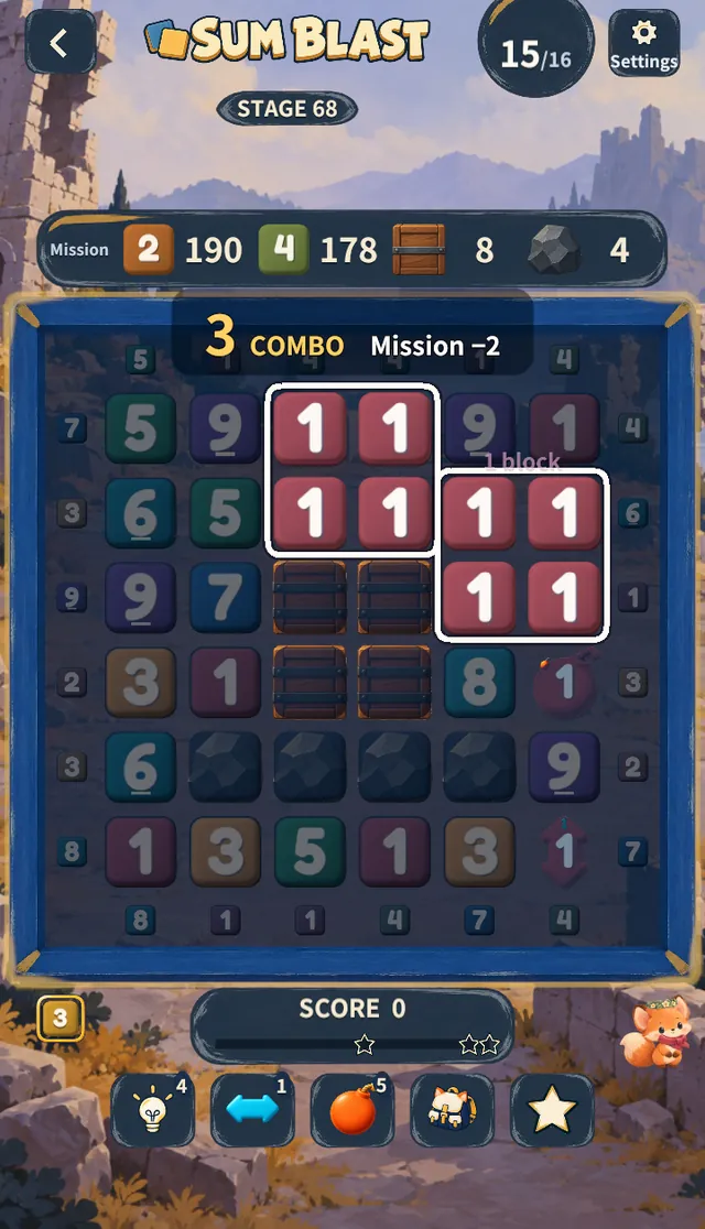 Stage 68 — blocks of 1s pop for 3 COMBO inside a gold frame