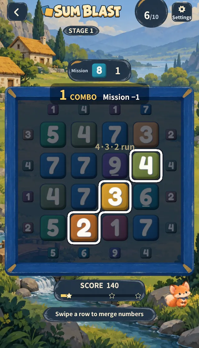 Stage 1 — a falling tile completes a 4·3·2 run: 1 COMBO, Mission −1