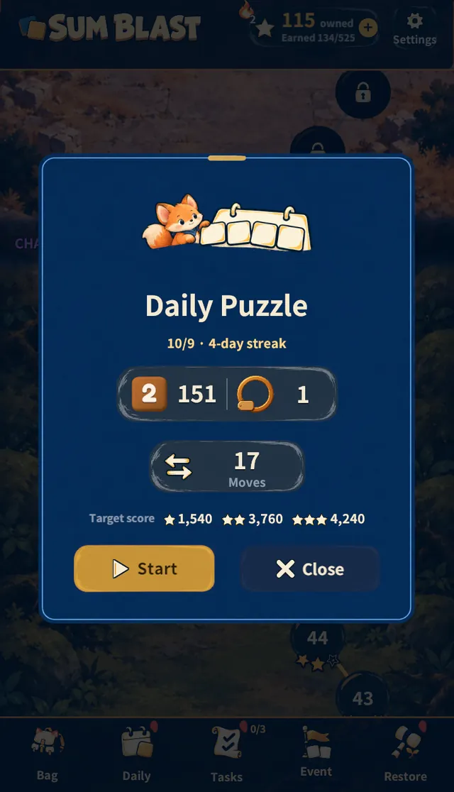 Daily Puzzle card — today's board, a 4-day streak, missions, 17 moves and target scores