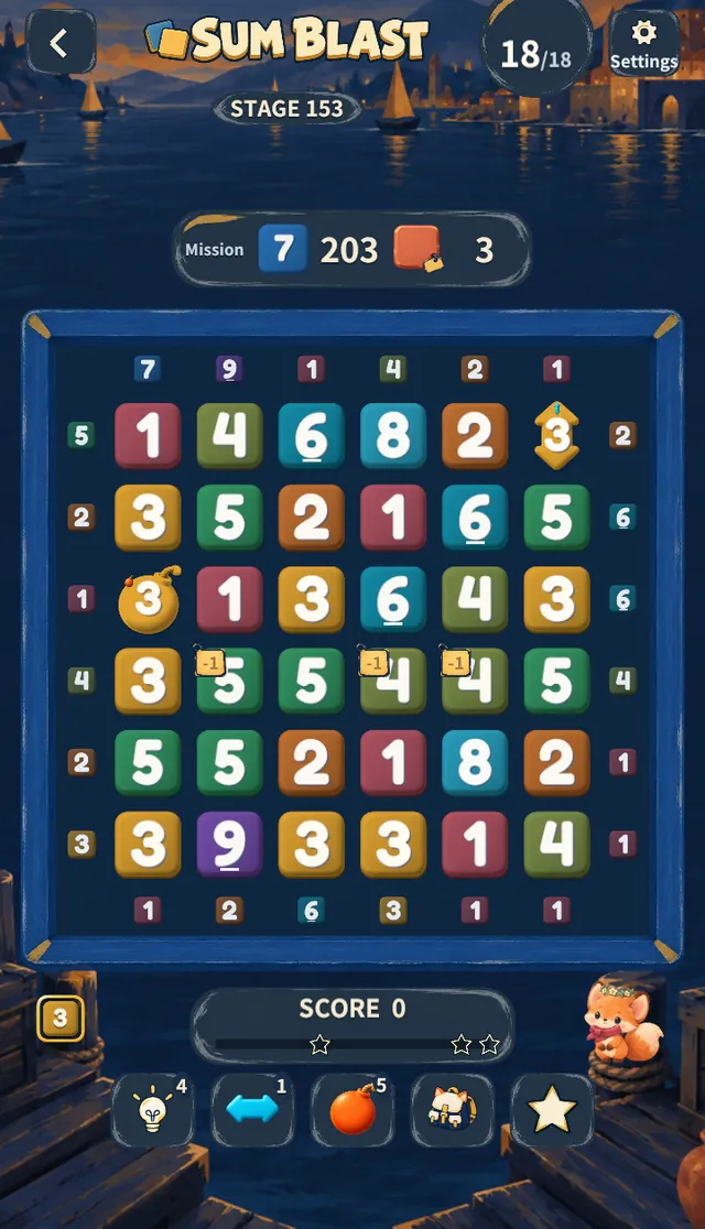 Stage 153 — Debt tags (−1) on tiles; missions: 203 sevens and 3 debts to pay
