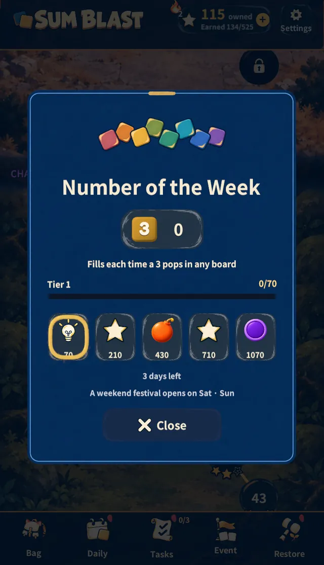 Number of the Week — this week's digit is 3, with five reward tiers from 70 to 1,070