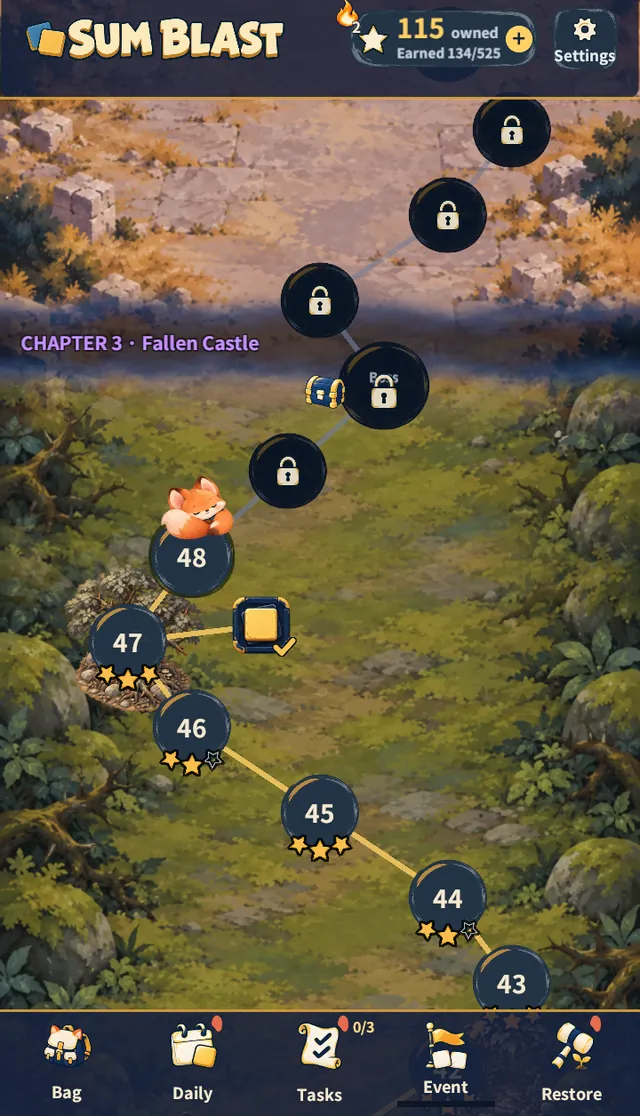 Map — Thorn Forest cleared up to 47: stars around each stage plate, a side path, a boss chest, and the bottom bar with Bag, Daily, Tasks, Event and Restore