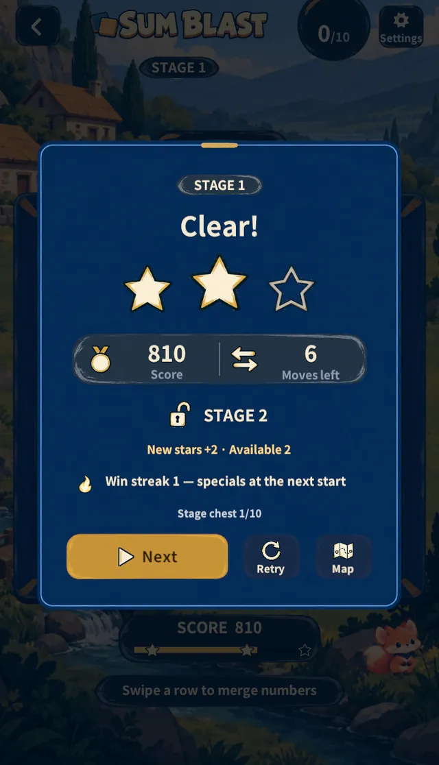 Result card — Clear!, two stars, score 810, 6 moves left, Stage 2 unlocked, win streak 1