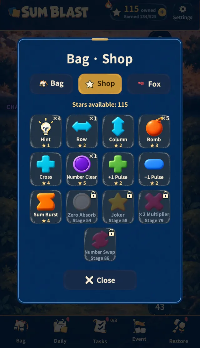 Bag · Shop — items priced in stars, with later specials locked until their stage