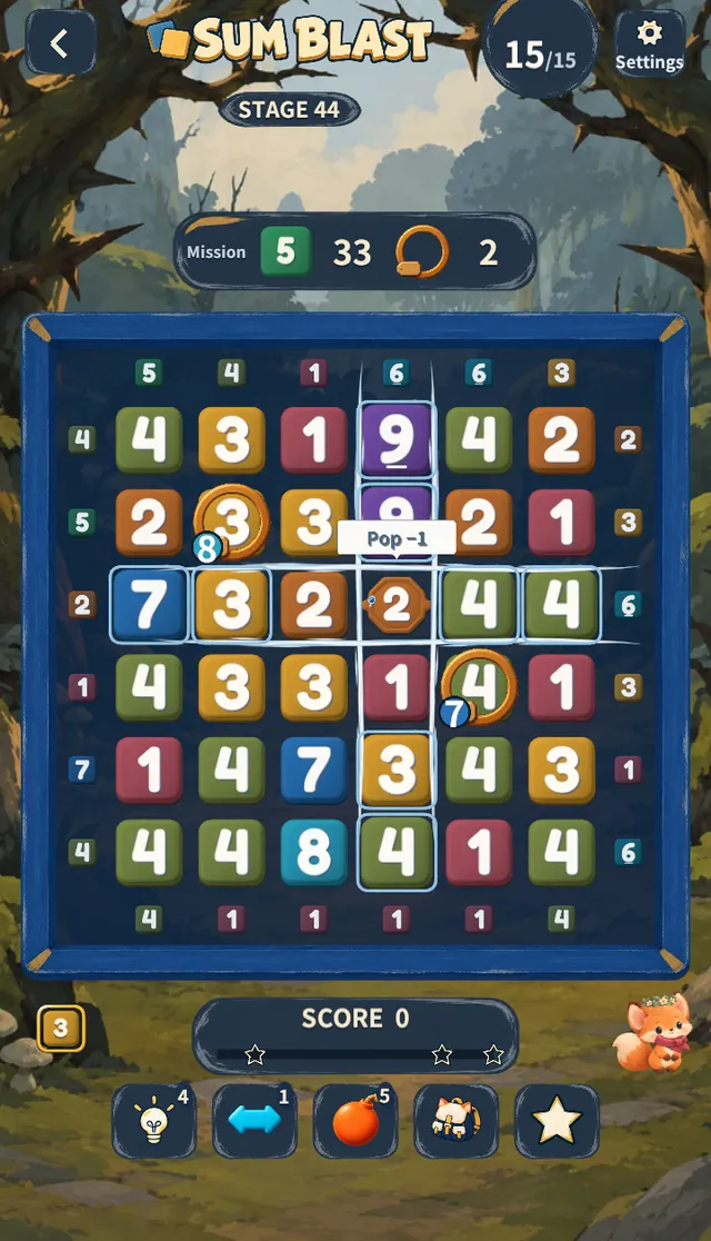 Stage 44 — one tap on the Mirror shows its row and column with a “Pop −1” bubble
