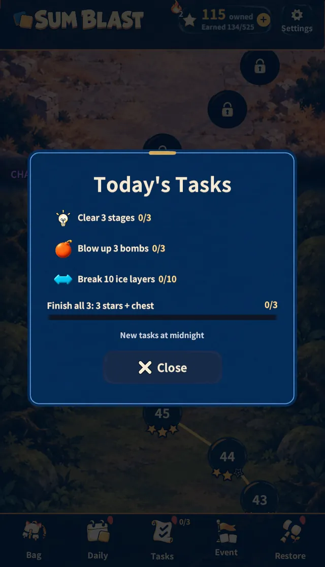 Today's Tasks — clear 3 stages, blow up 3 bombs, break 10 ice layers; finish all 3 for stars and a chest