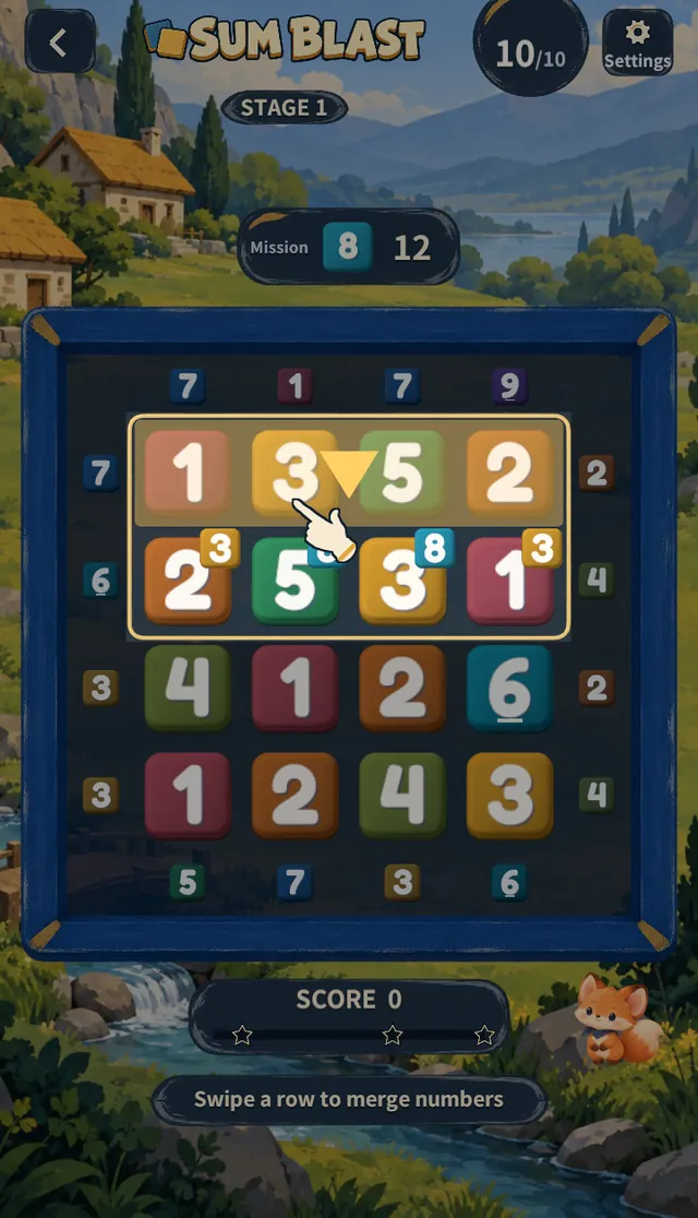 Stage 1 tutorial — a hand drags the top row down while the results 3 · 8 · 8 · 3 preview in the corners of the next row
